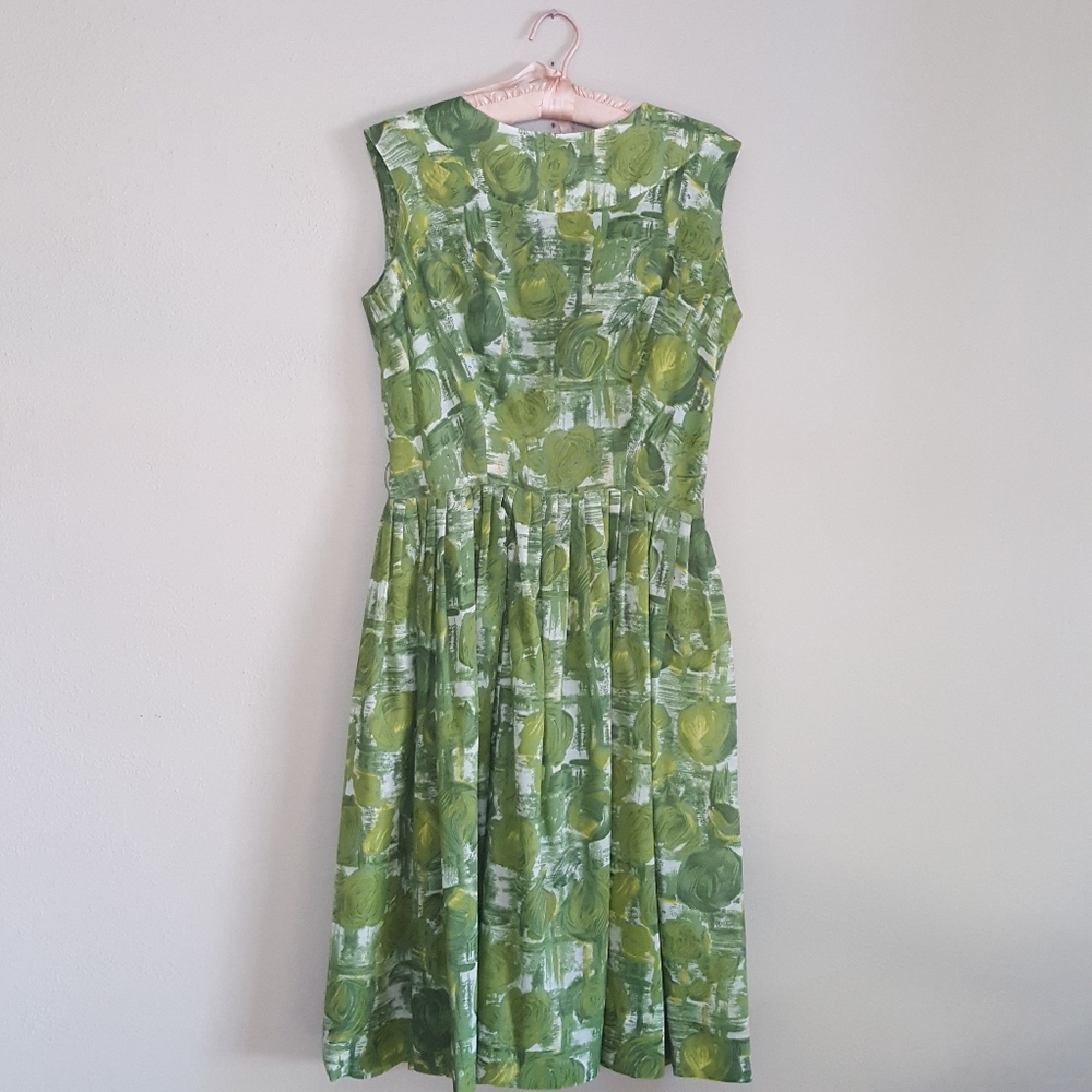 Vintage 50"s Green Abstract Pattern Sleeveless Summer Dress